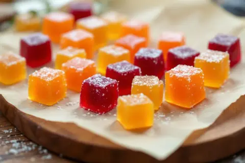Des cubes de pâte de fruit colorés, rouges et orangés, saupoudrés de sucre, prêts à être dégustés. Une belle idée pour une recette facile.