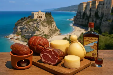 Sapori calabresi: salumi, formaggi e un burrino calabrese con vista su Tropea.