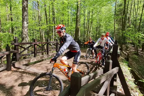 Grupa rowerzystów pokonuje drewniany mostek na leśnej trasie. Słońce przebija się przez liście, tworząc malowniczy krajobraz.