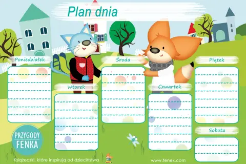Plan dnia dla dziecka z kotkiem i liskiem. Pomaga zaplanować tydzień od poniedziałku do soboty.