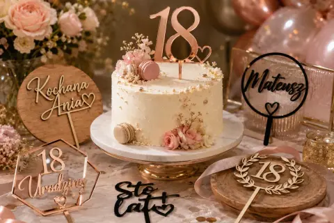 Elegancki tort na 18. urodziny z ozdobami, w tym topperem "18" i imieniem "Mateusz".