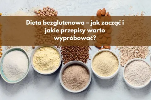 Miseczki z mąkami bezglutenowymi (ryżowa, kukurydziana, gryczana, migdałowa, owsiana) i ziarna.