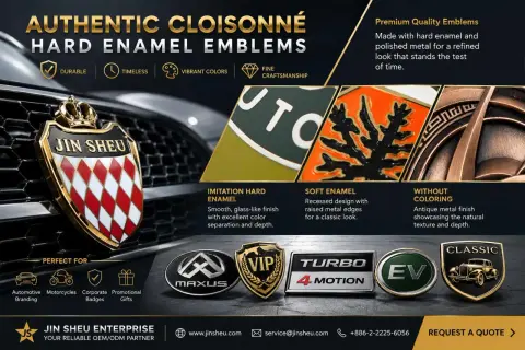 Elegancki emblemat z logo Jin Sheu, wykonany techniką cloisonné, prezentuje różne rodzaje wykończeń: imitacja twardego emaliowania, miękkie emaliowanie i wykończenie bezbarwne.