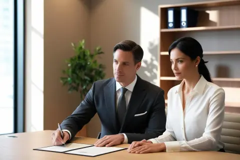Mężczyzna podpisuje dokumenty, omawiając rodzaje umów o pracę z kobietą w eleganckim biurze.