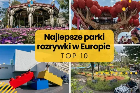 Najlepsze parki rozrywki w Europie: karuzela, baśniowe drzewo, budynek z klocków Lego i przejażdżka z figurkami zwierząt.