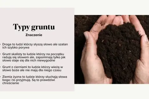 Dłonie trzymają ziemię, symbolizującą przypowieść o talentach biblijnych i różne rodzaje gruntu.