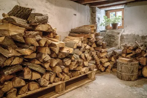 Holz im Keller trocknen: Große Stapel gespaltenes Brennholz lagern auf Paletten und am Boden. Ein Fenster lässt Licht herein.