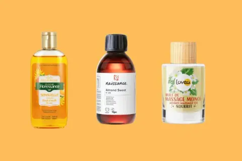 Trois huiles de massage : Floressance, Naissance (amande douce) et Lovea (monoï). Idéales pour soulager les pieds douloureux.