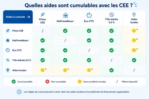 Tableau comparant la cumulabilité des aides : Prime CEE, MaPrimeRénov', Éco-PTZ, TVA réduite 5,5% et aides locales.