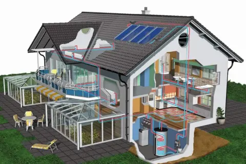 Schema di un edificio nzeb con pannelli solari, riscaldamento a pavimento e sistema di pompe di calore.