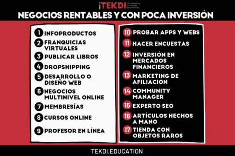 Lista de ideas para negocios en internet rentables y con poca inversión: infoproductos, dropshipping, marketing de afiliación, y más.