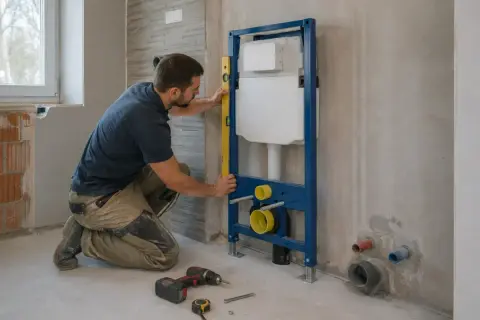 Instalator sprawdza pionowość stelaża Geberit, kluczowe dla prawidłowych wymiarów geberitu po zabudowie. Narzędzia i materiały budowlane na podłodze.