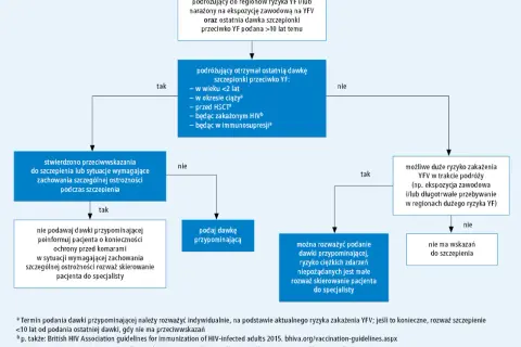 Schemat postępowania przy podróży do regionów ryzyka żółtej febry (YF). Decyzje o szczepieniu przypominającym zależą od historii szczepień i przeciwwskazań.