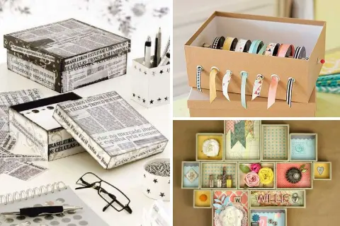Idee lavoretti con scatole di scarpe: scatole decorate con giornali, porta nastri e contenitori a cassetti.