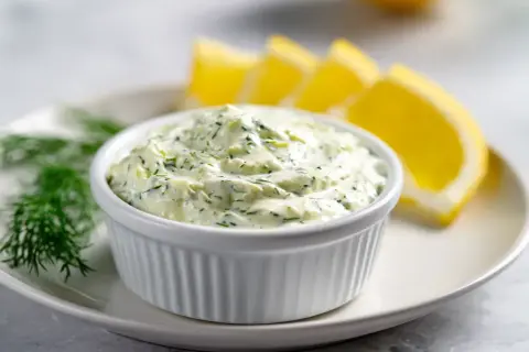Krämig sherrysås till lax, garnerad med dill och citronklyftor. Perfekt tillbehör för en festlig måltid.