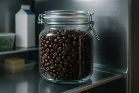 En glasburk fylld med mörka kaffebönor står på en hylla. Frågan är, kan kaffe bli gammalt?