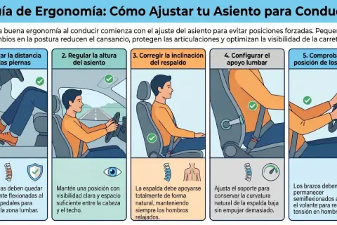 Guía para una **posición correcta para conducir**: ajusta piernas, altura, respaldo, lumbar y brazos para mayor comodidad y seguridad.