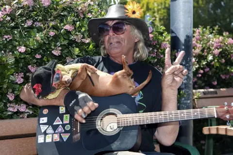 Mann mit Gitarre und Hund, ein Symbol der Hippie-Kultur. Friedenszeichen und Blumen schmücken den friedlichen Moment.