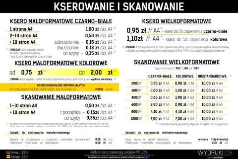 Cennik usług kserowania i skanowania. Ile kosztuje wydrukowanie plakatu? Ceny od 0,15 zł za stronę.