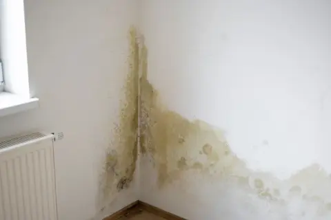 Widoczne dziwne plamy na ścianie w rogu pokoju, przypominające pleśń, rozciągają się od parapetu okiennego w dół.