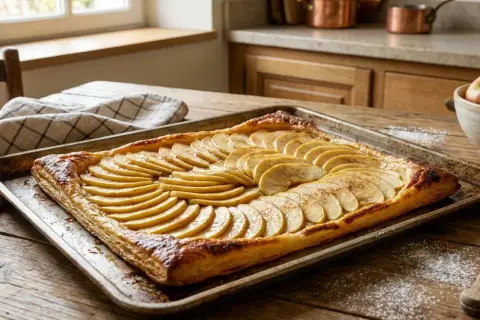 Une tarte aux pommes simple, aux fines tranches de pommes dorées sur une pâte feuilletée croustillante, prête à être dégustée.