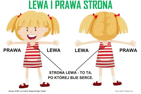 Dziewczynka pokazuje lewą stronę, gdzie bije serce, i prawą. Obrazek wyjaśnia różnicę między lewą a prawą stroną.