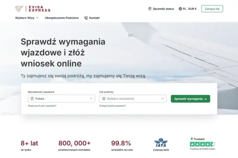 Strona Evisa Express: jak wypełnić formularz wizowy do Egiptu. Wybierz narodowość i cel podróży, by sprawdzić wymagania.