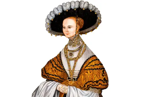 Porträtt av Margareta Eriksdotter (Vasa) i en stor hatt och guldfärgad dräkt med rikliga smycken.