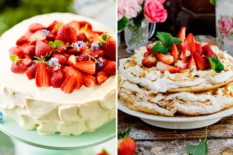 Två midsommar desserter: en gräddig tårta med jordgubbar och en marängtårta med jordgubbar och mandel.