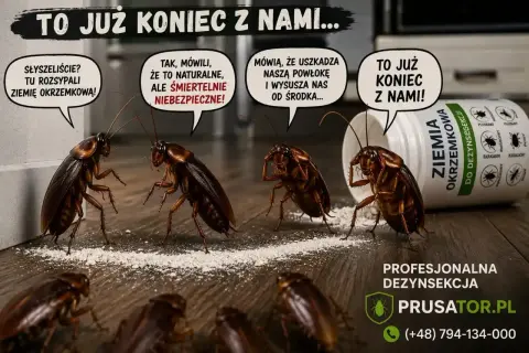 Karaluchy panikują, bo rozsypano ziemię okrzemkową. To śmiertelnie niebezpieczne dla owadów, skutecznie je zwalcza.
