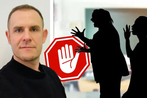 Mikael Kalmenstam ser allvarlig ut bredvid en stoppskylt och silhuetter av ett grälande par.