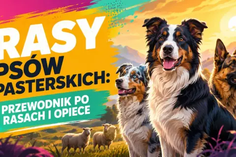 Trzy psy pasterskie: border collie, australian shepherd i owczarek niemiecki, na tle pasących się owiec i zachodzącego słońca.