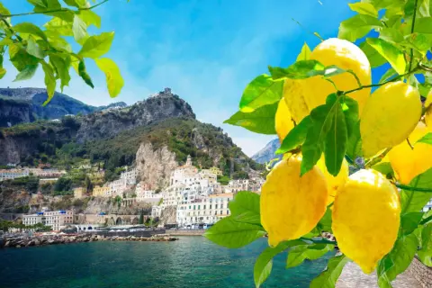 Un **capriccio mattutino** con limoni gialli brillanti in primo piano, sullo sfondo di un borgo costiero italiano e montagne verdi.