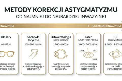 Metody korekcji astygmatyzmu i nadwzroczności: od okularów po laser i soczewki ICL.
