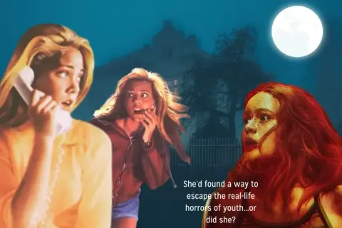 Trzy przerażone nastolatki w nocnej scenerii z nawiedzonym domem w tle. Idealny horror dla nastolatków.