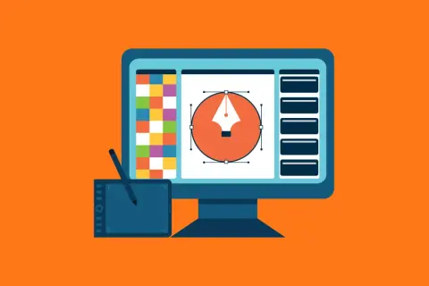 Computer screen with a pen tool icon, color swatches, and toolbars. Perfect for learning Adobe Illustrator tutorials.