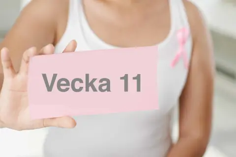 En person håller upp en rosa lapp med texten "Vecka 11". En rosa band-symbol syns på kläderna.