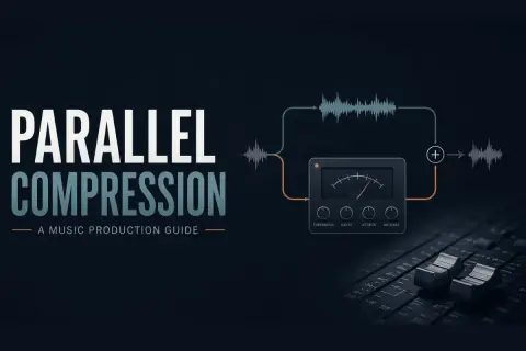 Grafik erklärt **parallel compression** mit Wellenformen, einem Kompressor-Interface und Fader.