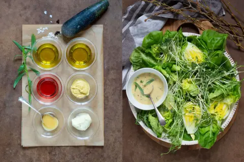 Ingredienser för ett gott salladsdressing recept: olivolja, vinäger, senap, majonnäs och honung. Serveras med en fräsch sallad.