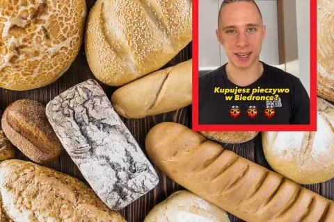 Mężczyzna w koszulce z biedronkami pyta "Kupujesz pieczywo w Biedronce?". Wokół niego różne rodzaje chleba, w tym półbagietka.