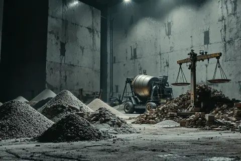 Betoniarka, waga szalkowa i hałdy materiałów budowlanych w industrialnym wnętrzu.