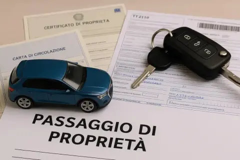 Modello auto blu, chiavi e documenti: certificato di proprietà, carta di circolazione e passaggio di proprietà. La dichiarazione di potenza del motore è un dettaglio importante.