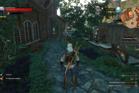 Geralt wyrusza na lekcję szermierki wiedzmin, mijając strażników i zielone zarośla.