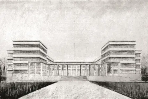 Architektoniczny szkic Adolfa Szyszko-Bohusza przedstawia nowoczesny budynek z symetrycznymi skrzydłami i przeszklonym łącznikiem.