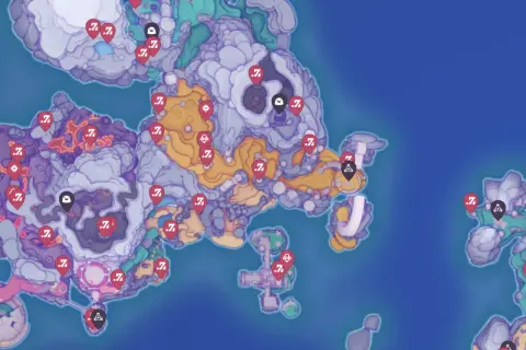 Mapa Slime Rancher 2 z zaznaczonymi lokacjami. Czerwone pinezki wskazują miejsca do odkrycia, a czarne z ikonami to specjalne punkty.