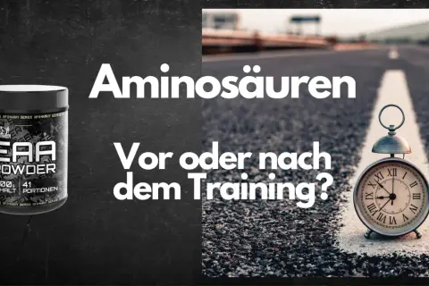 EAA Powder neben einer Uhr auf einer Straße. Aminosäuren: Wann ist die beste Zeit vor oder nach dem Training?