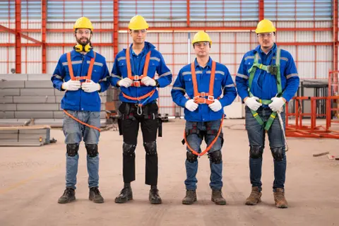 Czterech pracowników w żółtych kaskach i niebieskich kombinezonach, wyposażonych w szelki bhp, stoi w hali produkcyjnej.