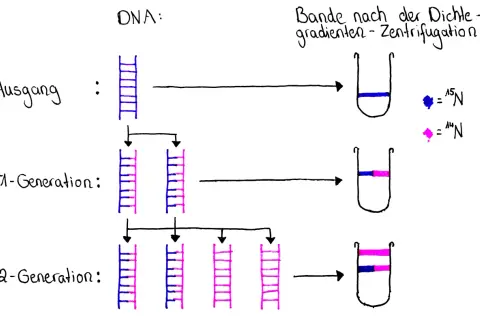 Das Meselson-Stahl-Experiment zeigt DNA-Replikation: Anfangs nur schweres ¹⁵N-DNA (blau), dann gemischte ¹⁵N/¹⁴N-DNA (F1, blau/rosa), schließlich ¹⁴N-DNA (F2, rosa) und gemischte DNA.