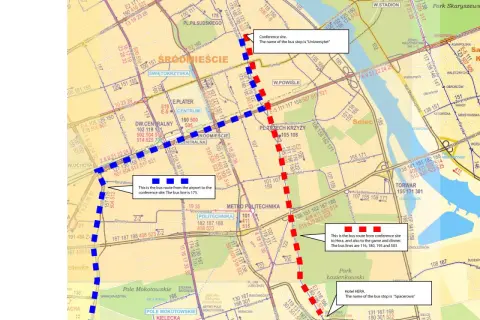 Trasa autobusu z lotniska do centrum konferencyjnego. Linia 175 Warszawa Dworzec Centralny.