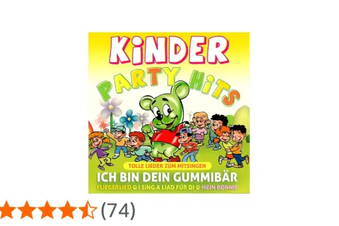 Kinder Party Hits mit lustigen Liedern zum Mitsingen, einem Gummibär und tanzenden Kindern.